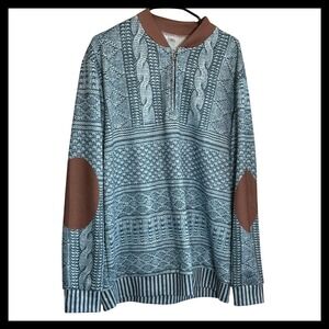 Mens XL Blue Multi Pattern Knit Quarter Zip Pullover Sweater Elbow Patches